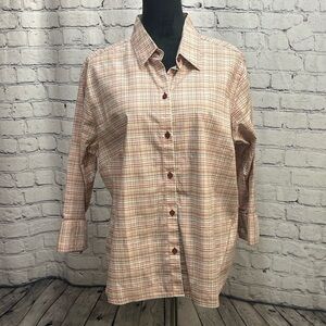 Eddie Bower Brown and Blue Plaid 3/4 Sleeve Button Down Shirt size XL EUC